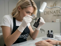 Stylistka paznokci sprawdza skład produktu żelowego przed aplikacją w salonie